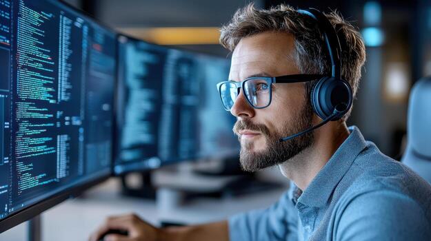 A man wearing glasses and a headset is working on a computer photo