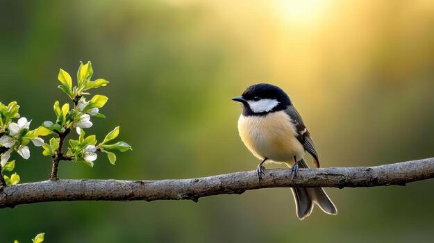 A bird sits on a branch with a flower in the background photo