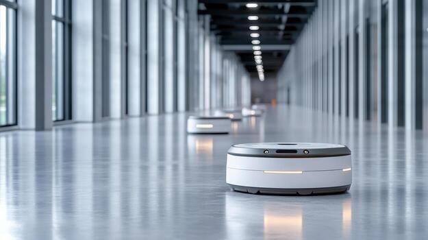 A robot is sitting in a hallway with a light on it photo