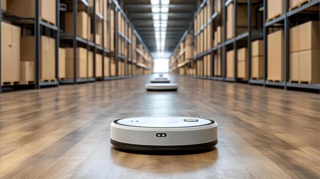 Robot in a warehouse with boxes on the floor photo