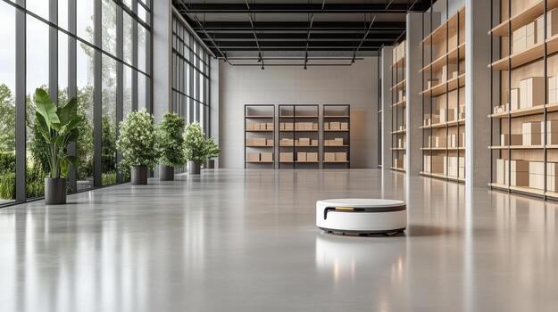 un robot en un grande habitación con estantería foto