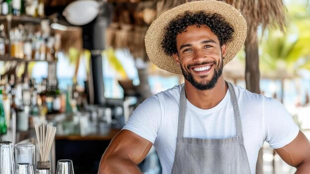 A smiling man in a hat standing at a bar photo