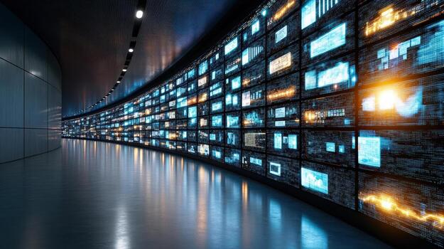 A long hallway with many screens showing different images photo