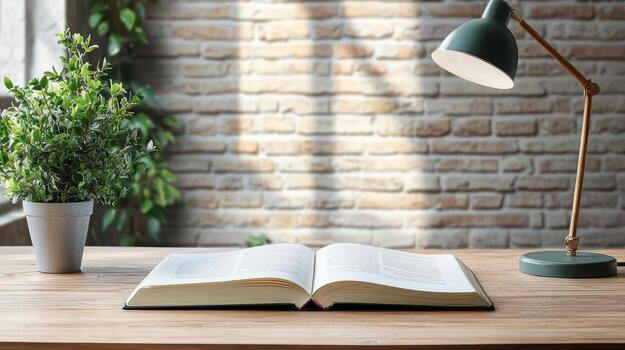 An open book on a wooden table with a lamp and a plant photo