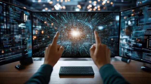 A person is pointing at two monitors with a computer screen photo