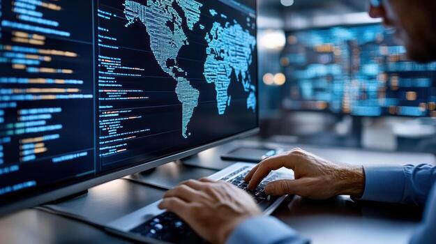 A man is typing on a computer screen with a map on it photo