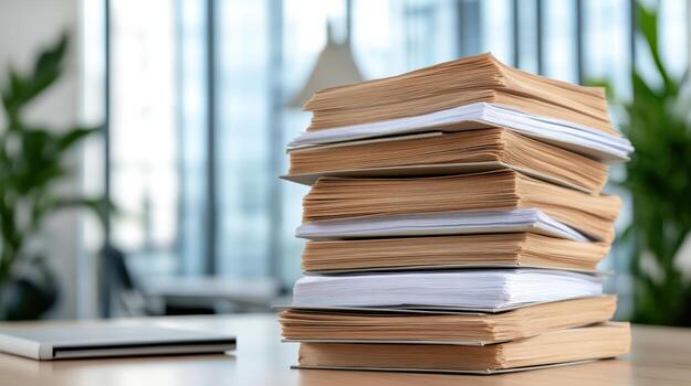 Stack of papers on a desk in front of a window photo