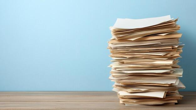 Stack of papers on wooden table against blue wall photo