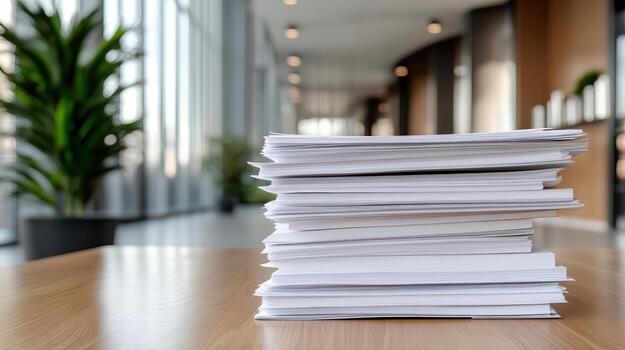 Stack of papers on a table in an office photo