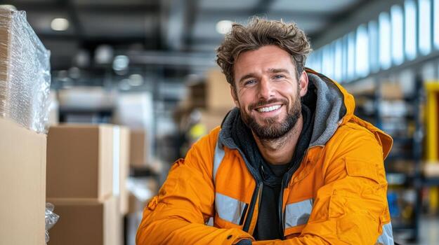 A smiling man in an orange jacket sitting in a warehouse photo