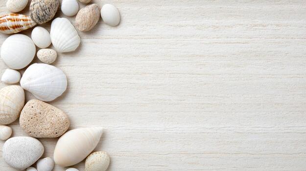 Sea shells and seashells on a wooden surface photo