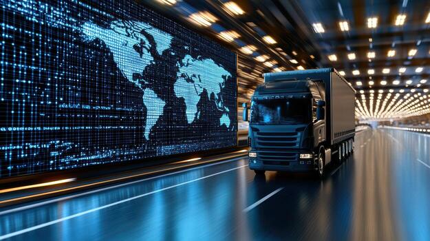 un camión conducción abajo un autopista con un mapa en el pantalla foto