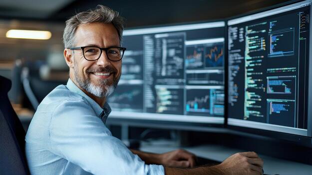 A man in glasses is sitting at a computer with two monitors photo