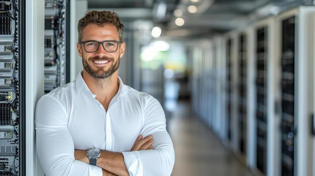 A man in glasses standing in front of servers photo