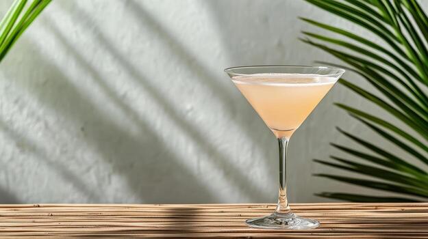A cocktail sitting on a table with a palm tree in the background photo