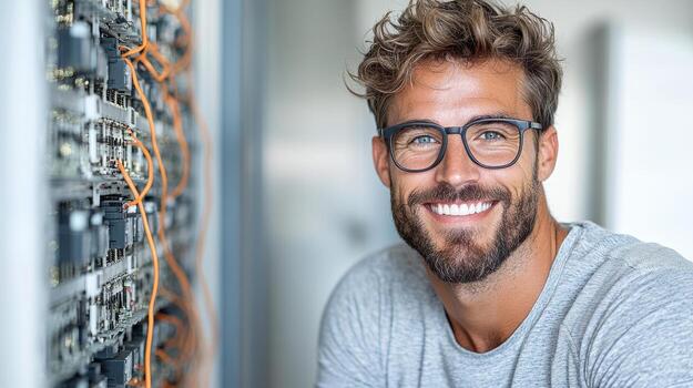A smiling man in glasses standing in front of a server rack photo
