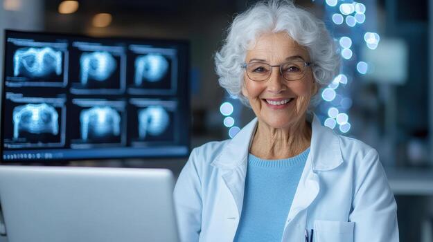 un sonriente más viejo mujer en un laboratorio Saco es sentado en frente de un ordenador portátil foto