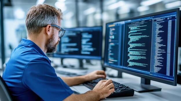 A man in a blue shirt is working on a computer photo