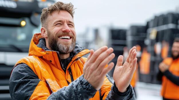 A man in an orange jacket is clapping and smiling photo