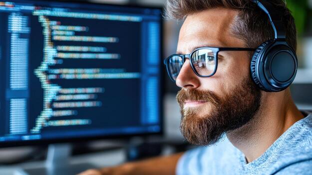 A man wearing headphones and glasses is working on a computer photo