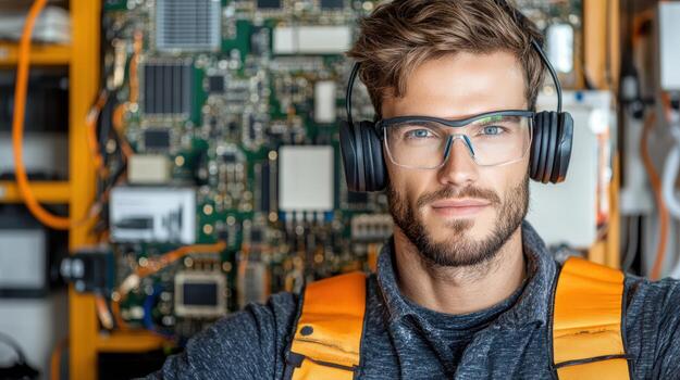 A man wearing headphones and glasses in front of a computer photo