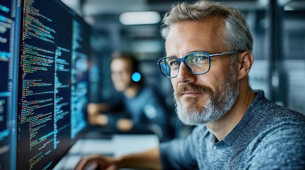 A man with glasses and a beard is working on a computer photo