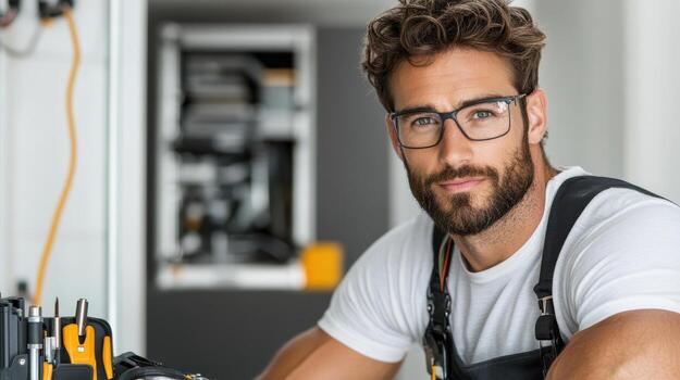 A man with glasses and a beard sitting at a desk with tools photo