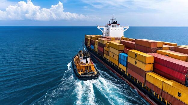 A tugboat and container ship in the ocean photo
