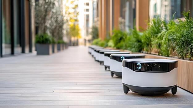 A row of robots on a sidewalk near a building photo