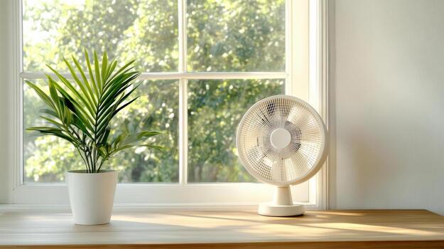 A fan and a plant on a table near a window photo