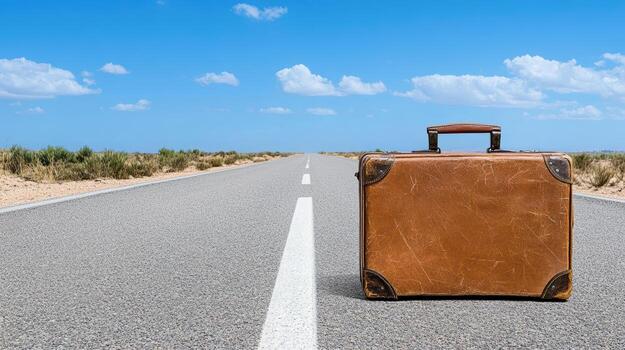 A suitcase sitting on the side of a road photo