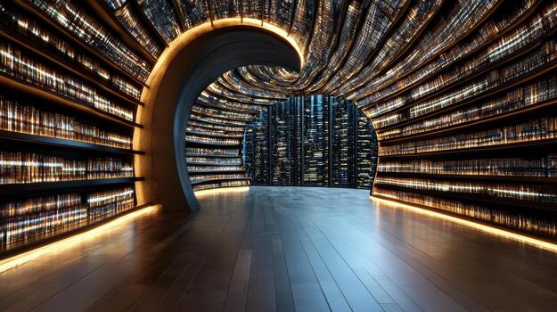 A long hallway with bookshelves and a spiral staircase photo