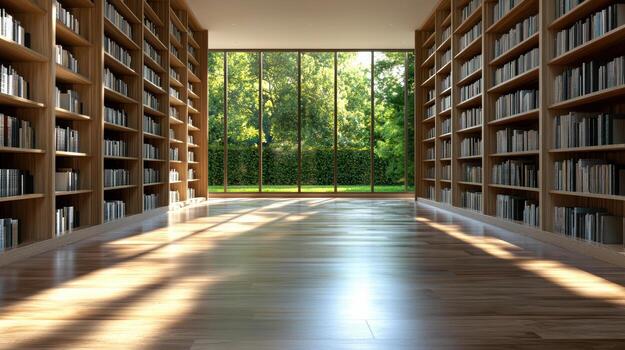 An empty library with bookshelves and sunlight photo