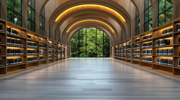 A long library with bookshelves and windows photo