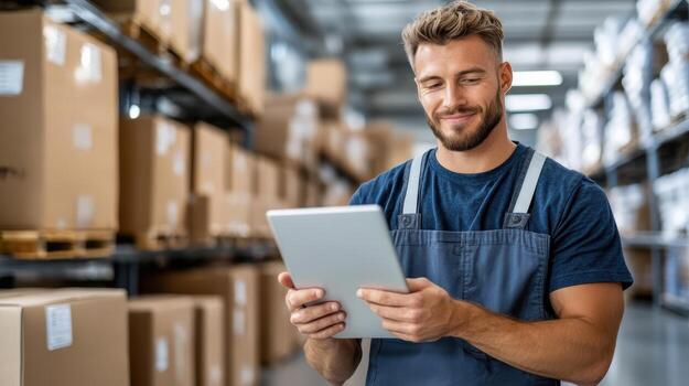 A smiling man in an apron is holding a tablet in a warehouse photo