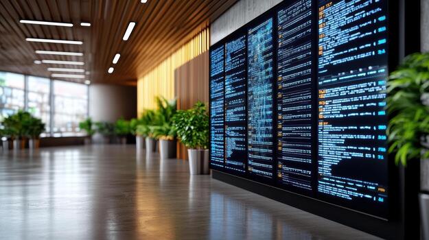 A large screen in a hallway with many different types of data photo