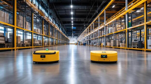 dos amarillo robots en un almacén foto