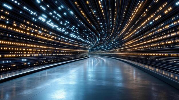 A tunnel with lights and a long hallway photo