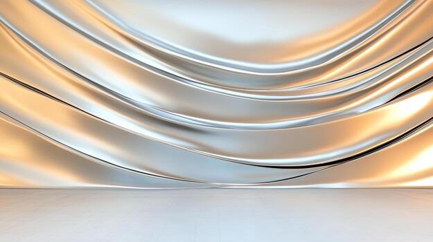 3d rendering of a room with a large silver curtain photo