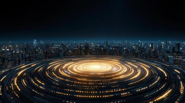 A futuristic cityscape with a circular light photo