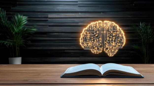 Open book with glowing brain on wooden table photo