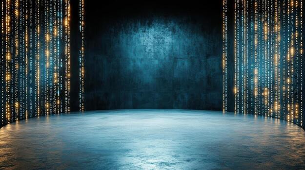 An empty room with a lighted wall and a door photo