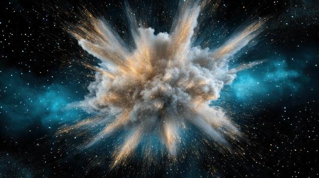 An explosion in space with a cloud of dust photo