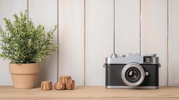 Retro camera and wooden table with potted plant on white background photo