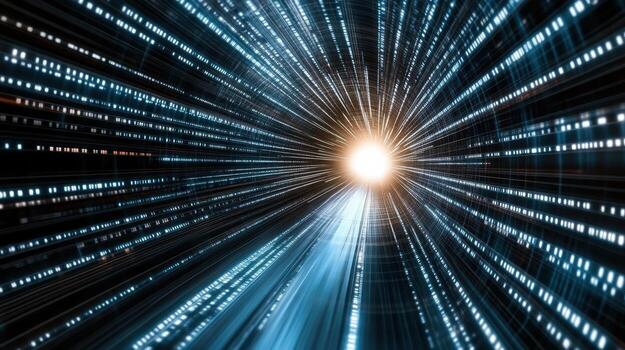A light shining through a tunnel with data lines photo