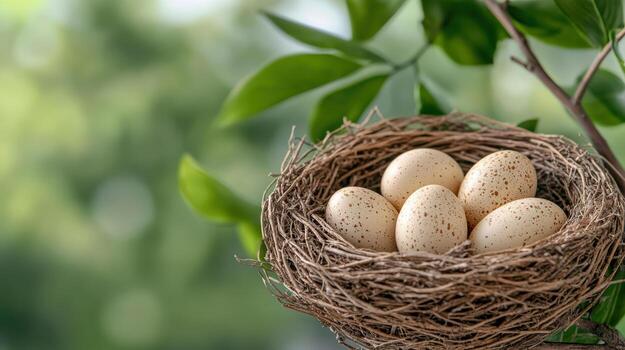 Four eggs in a nest on a tree branch photo