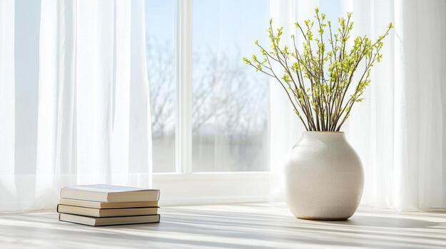 A vase with some flowers sitting on a table next to books photo