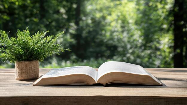 An open book on a table with a green plant in a vase photo