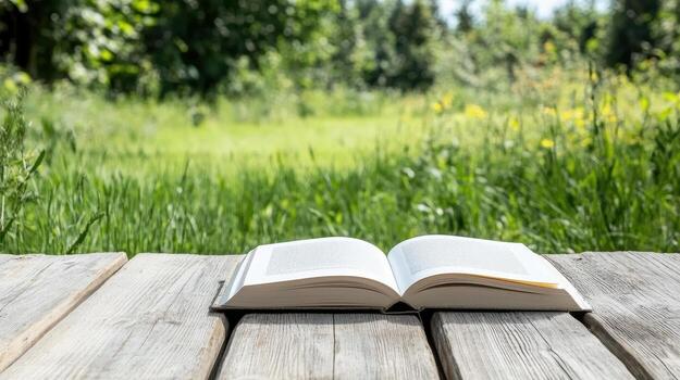 Open book on wooden table in the nature photo
