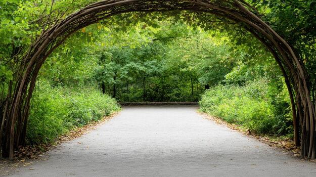 A pathway with a tree archway in the middle photo